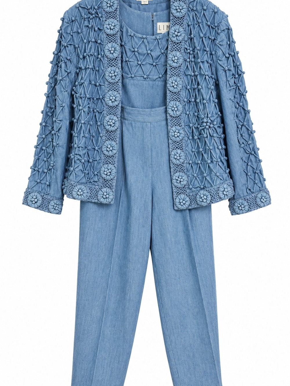 Vintage LIM’S 3 Piece 100% Cotton Blue Textured Jacket Top Pants Set PM